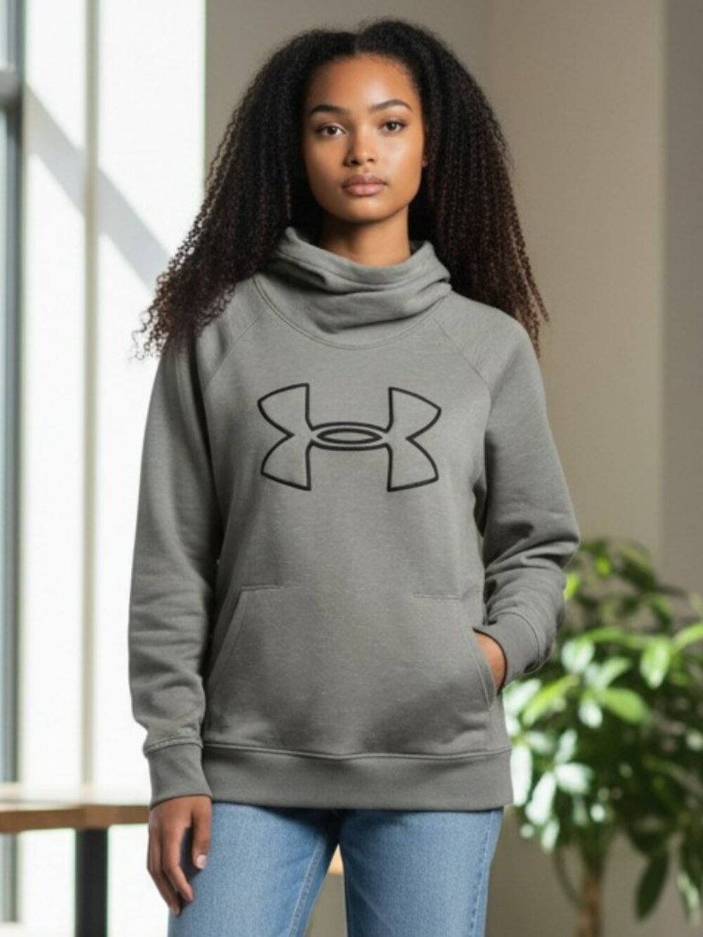 Under Armour Womens Large Gray Loose Fit Cold Gear Pullover Hoodie Sweatshirt L